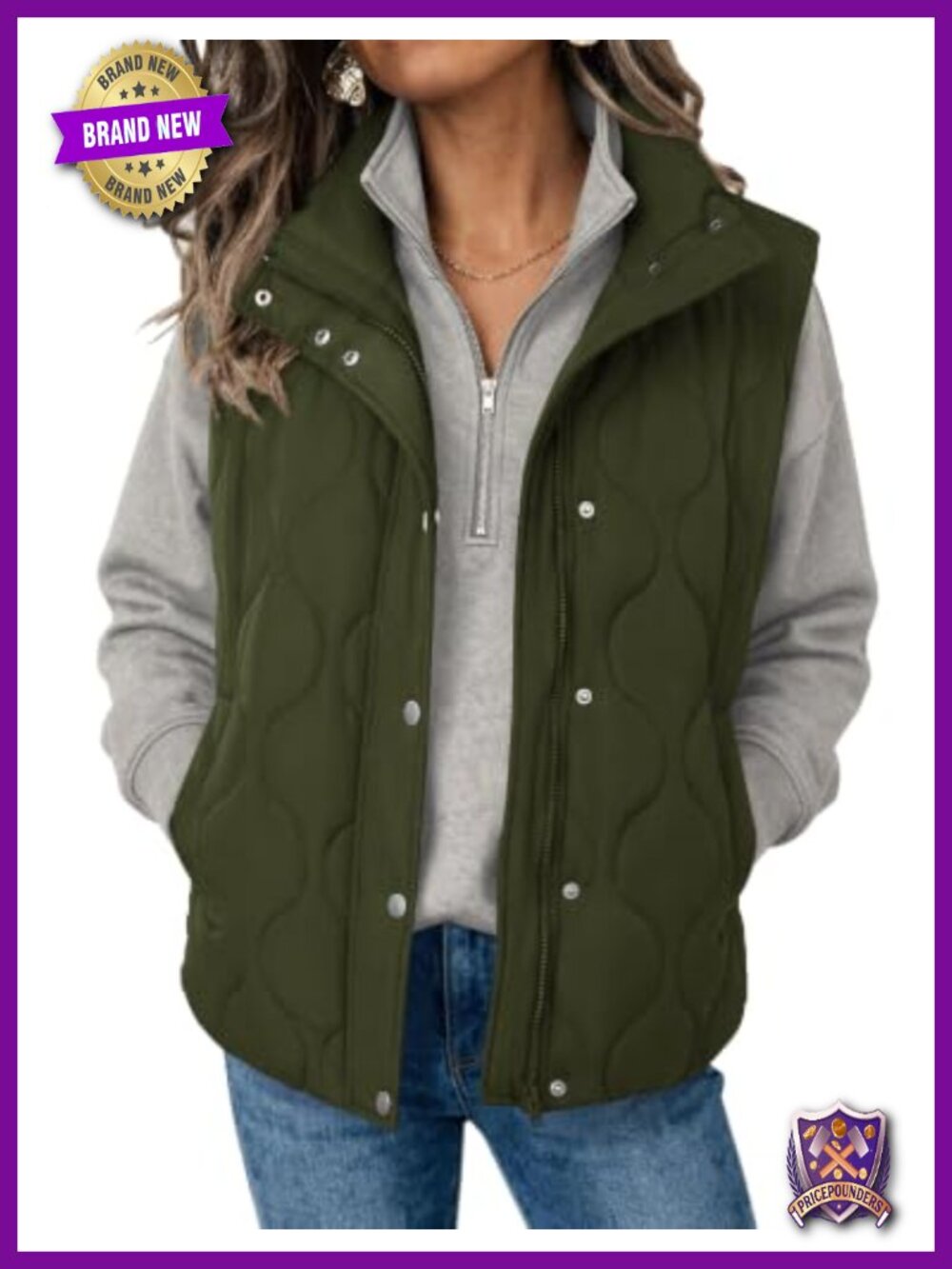 Oversized Quilted Puffer Vest Stand Collar Zip Up Sleeveless Polyester Outdoor